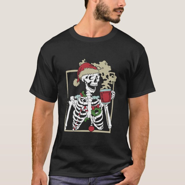 Christmas Skeleton With Smiling Skull Drinking Cof T-Shirt (Front)