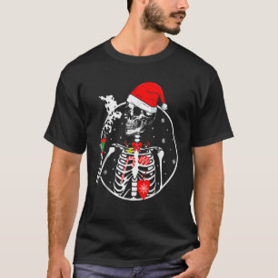 Christmas Skeleton With Smiling Skull Drinking Cof T-Shirt