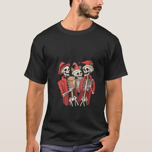 Christmas Skeleton With Smiling Skull Drinking Cof T-Shirt (Front)