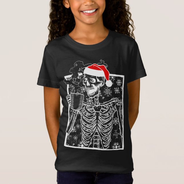 Christmas Skeleton with Smiling Skull drinking Cof T-Shirt (Front)