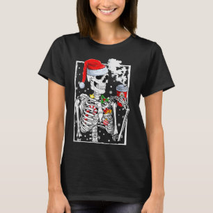 Christmas Skeleton With Smiling Skull Drinking Cof T-Shirt