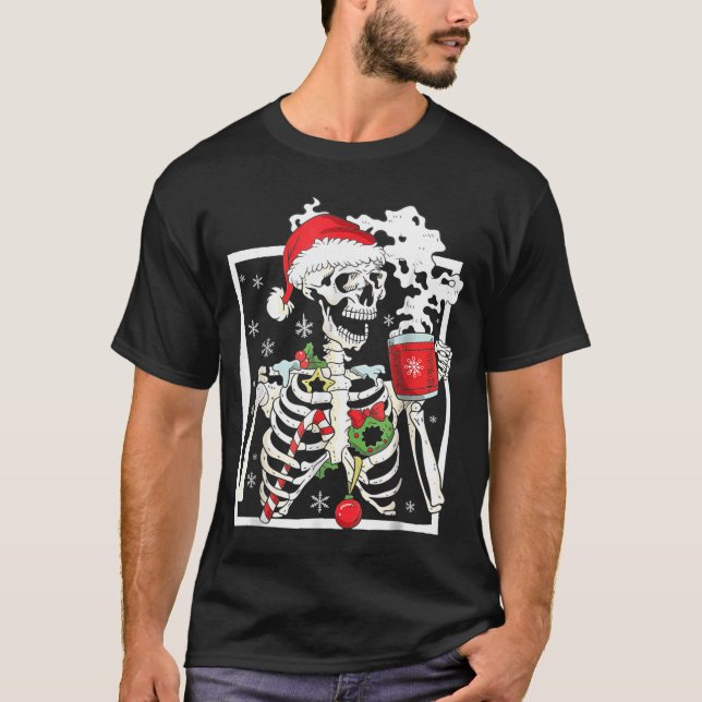Christmas Skeleton With Smiling Skull Drinking Cof T-Shirt (Front)