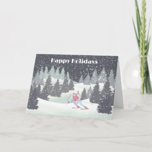 Christmas Skier and Winter Pines   Holiday Card