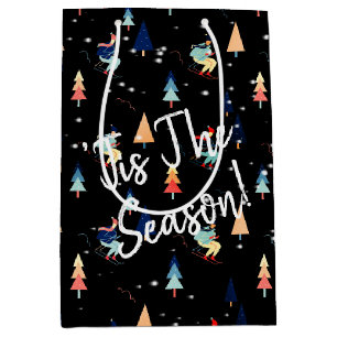 Christmas Skier In Snowflakes On Black Medium Gift Bag