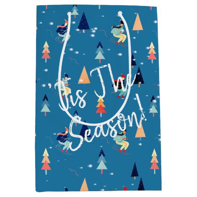 Christmas Skier In Snowflakes On Blue Medium Gift Bag (Front)