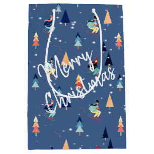 Christmas Skier In Snowflakes On Blue Medium Gift Bag