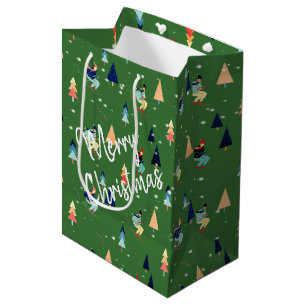 Christmas Skier In Snowflakes On Green Medium Gift Bag
