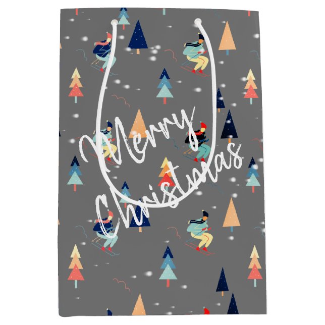 Christmas Skier In Snowflakes On Grey Medium Gift Bag (Front)
