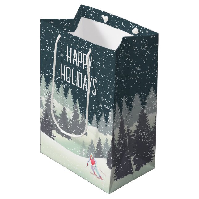 Christmas Skier in Winter Pines Medium Gift Bag (Front Angled)