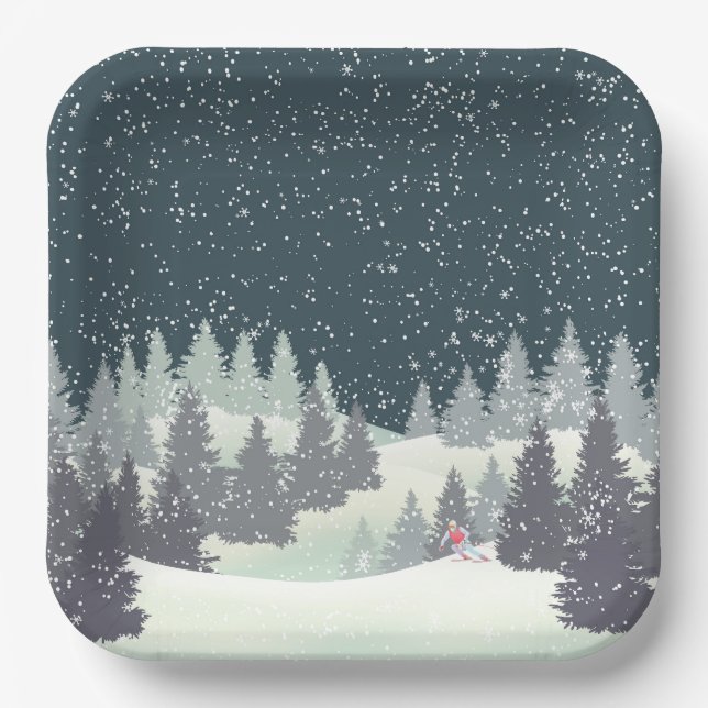 Christmas Skier in Winter Pines  Paper Plate (Front)