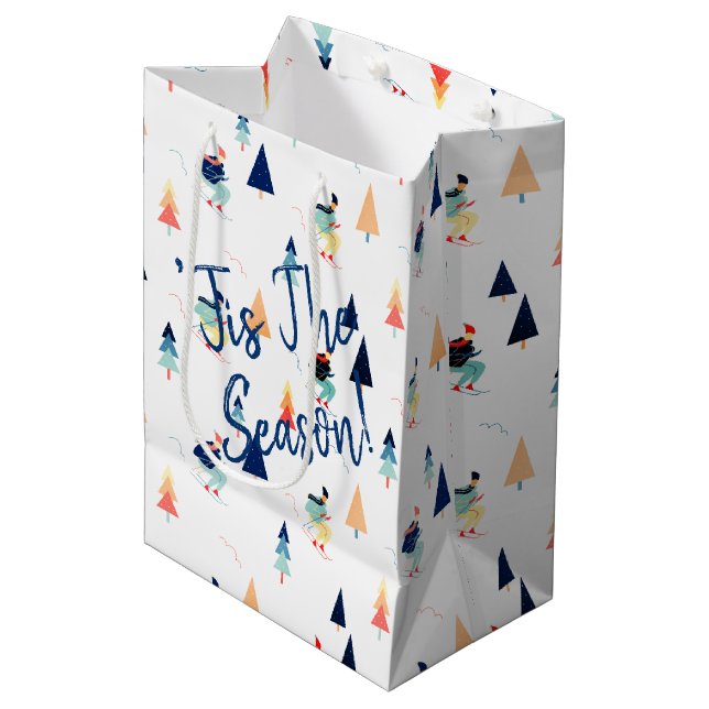 Christmas Skiers On White Medium Gift Bag (Front Angled)