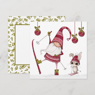 Christmas Skiing Gnome and Bunny Christmas Card