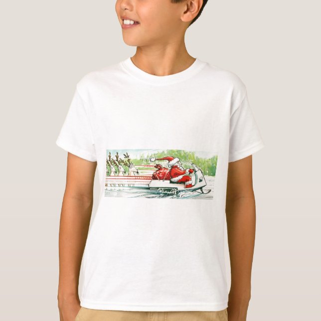 Christmas Skiing Santa Snowmobile Ski T-Shirt (Front)