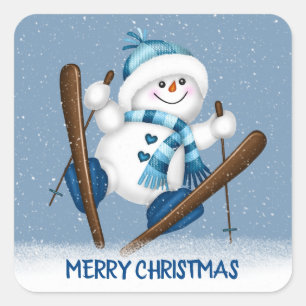 Christmas Skiing Snowman Square Sticker