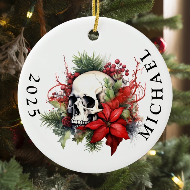 Christmas Skull Monogram Name Ceramic Tree Decoration (Creator Uploaded)