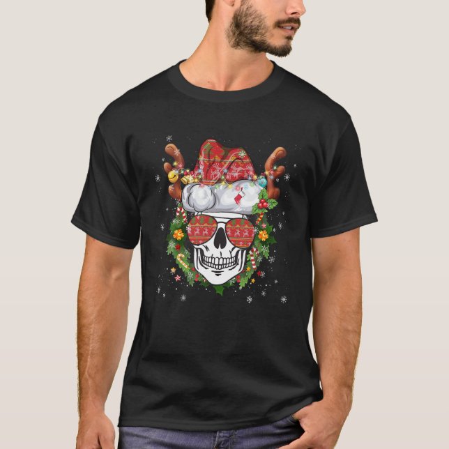 Christmas Skull Reindeer Santa Hat Glasses Wearing T-Shirt (Front)