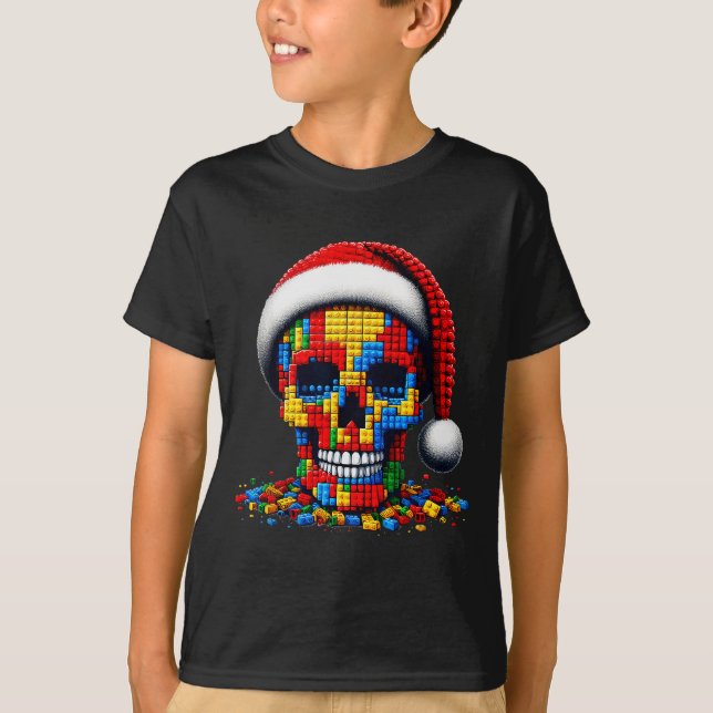 Christmas Skull Santa Hat Block Bricks Master Buil T-Shirt (Front)