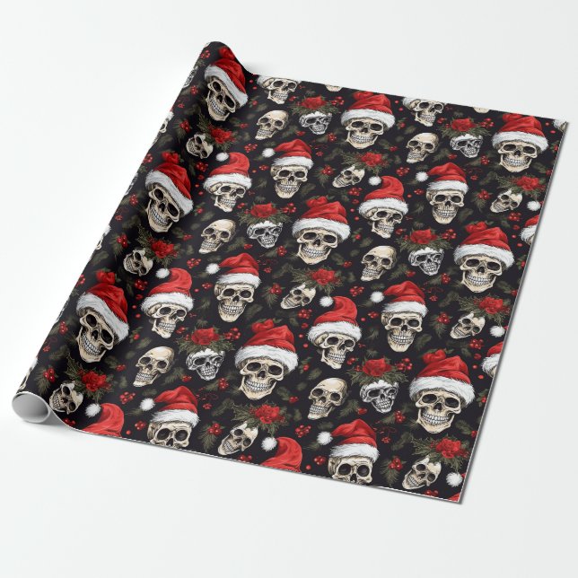 Christmas Skull Santa Hat Gothic Pattern Wrapping Paper (Unrolled)