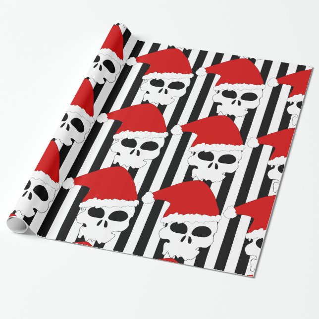 Christmas Skull Santa Hat on Black & White Stripes Wrapping Paper (Unrolled)
