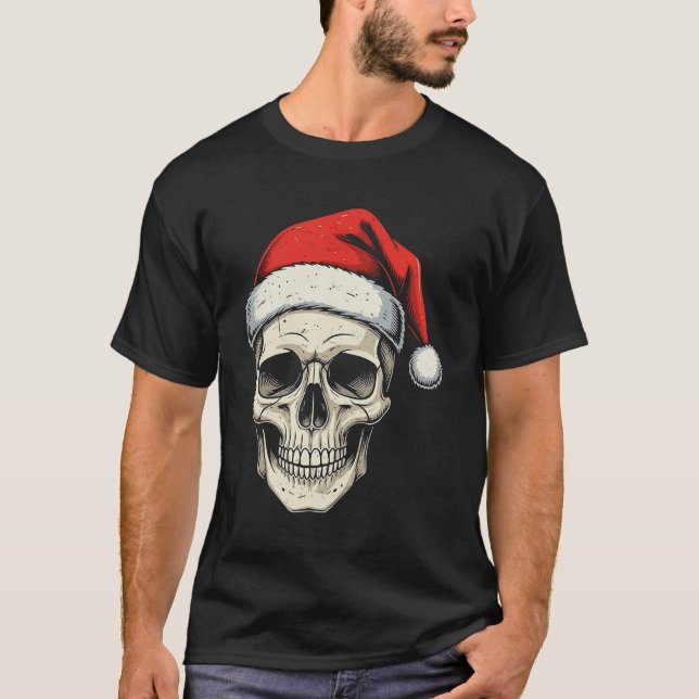 Christmas Skull Wearing Santa Hat  T-Shirt (Front)