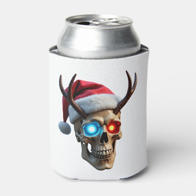 Christmas Skull with Santa Hat and Antlers Mystic  Can Cooler (Can Front)