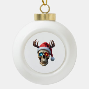 Christmas Skull with Santa Hat and Antlers Mystic Ceramic Ball Christmas Ornament