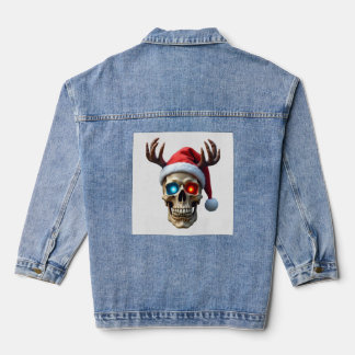 Christmas Skull with Santa Hat and Antlers Mystic  Denim Jacket