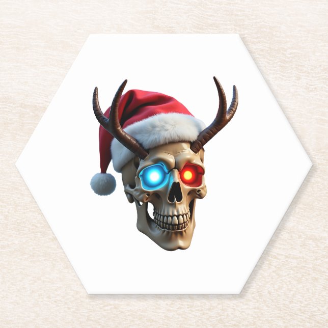 Christmas Skull with Santa Hat and Antlers Mystic  Paper Coaster (Front)