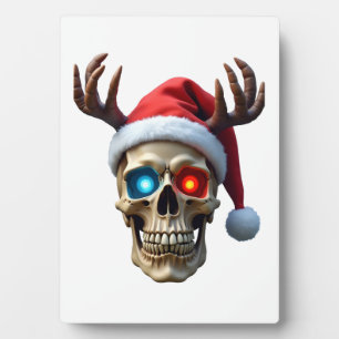 Christmas Skull with Santa Hat and Antlers Mystic Plaque
