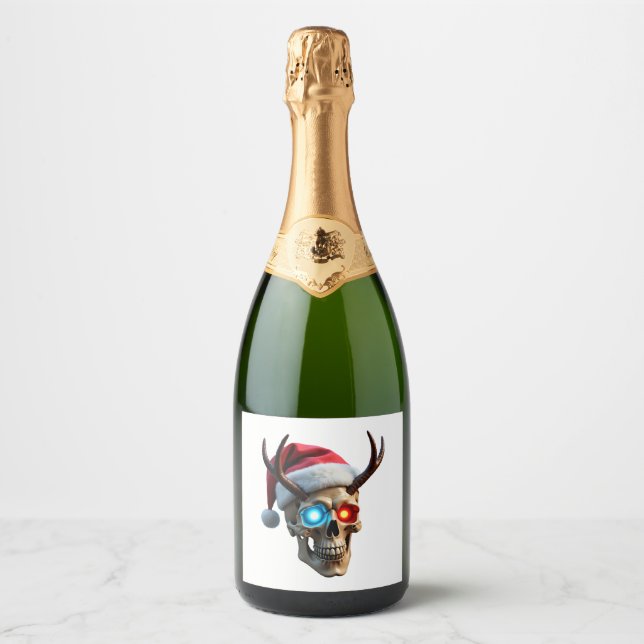 Christmas Skull with Santa Hat and Antlers Mystic  Sparkling Wine Label (Front)
