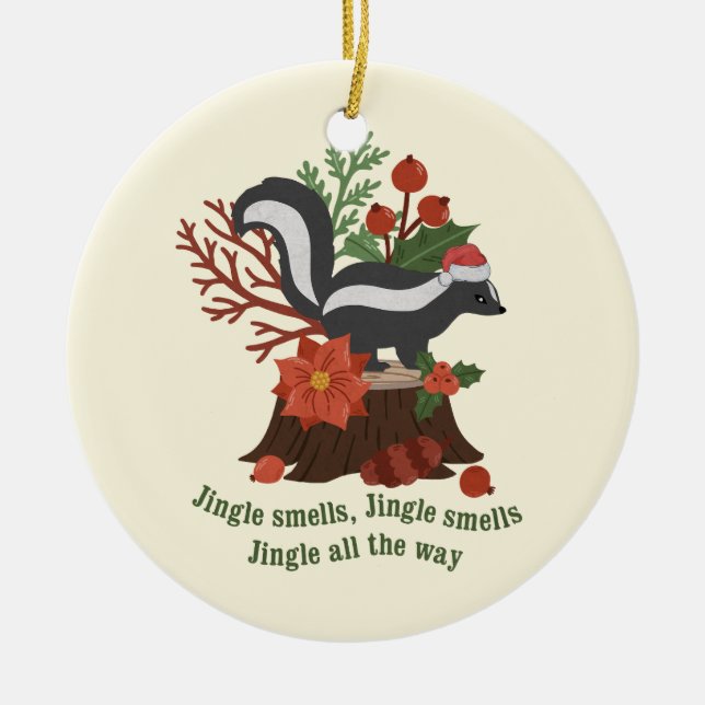 Christmas Skunk Pun: Jingle Smells Ceramic Tree Decoration (Front)