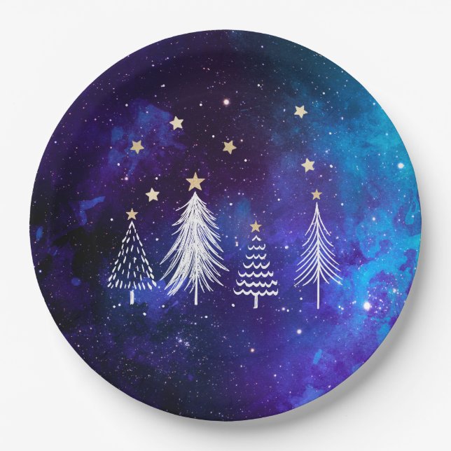 Christmas Sky, Blue, White, Stars, Party  Paper Plate (Front)