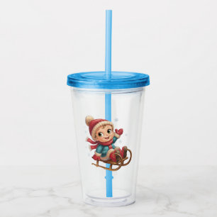 Christmas Sled Ride with Adorable Winter Child Acrylic Tumbler