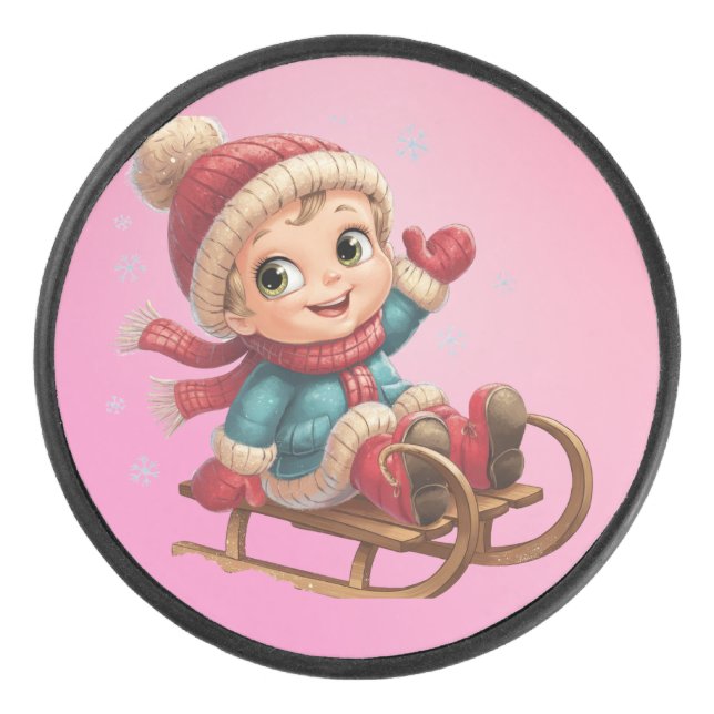Christmas Sled Ride with Adorable Winter Child Hockey Puck (Front)