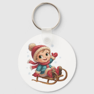 Christmas Sled Ride with Adorable Winter Child Key Ring
