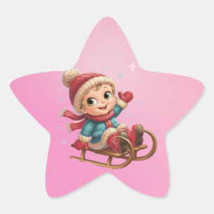 Christmas Sled Ride with Adorable Winter Child Star Sticker