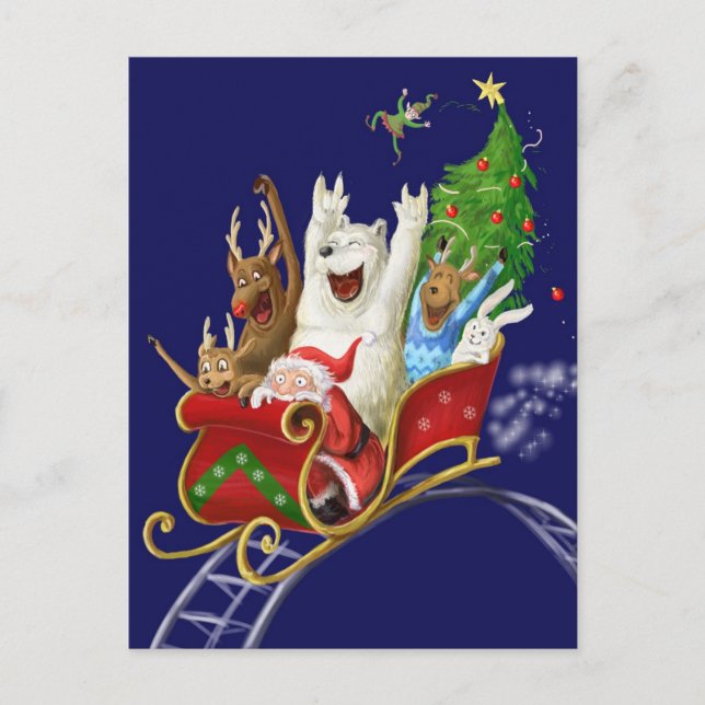 Christmas sledge funny digital drawing santa claus holiday postcard (Front)