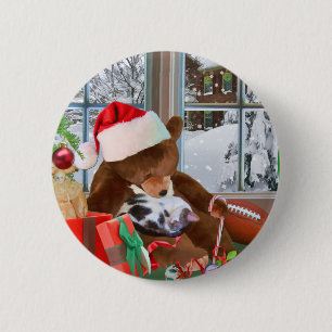 Christmas, Sleeping Cat, Teddy Bear 6 Cm Round Badge
