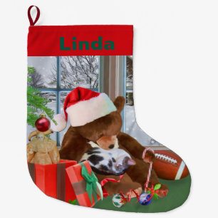 Christmas, Sleeping Cat, Teddy Bear, Name Large Christmas Stocking