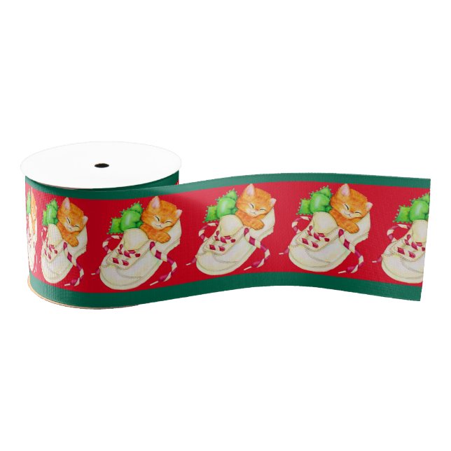 Christmas sleepy kitten cat ribbon grosgrain ribbon (Spool)