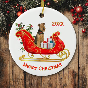 Christmas Sleigh Airedale Terrier Dog Ceramic Tree Decoration
