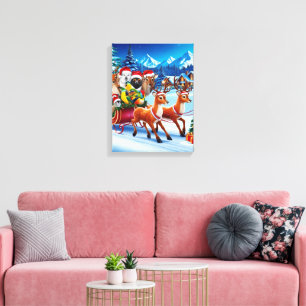 Christmas Sleigh Animals Canvas Art 12" x 16"
