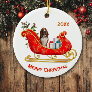 Christmas Sleigh Basset Hound Dog Ceramic Tree Decoration