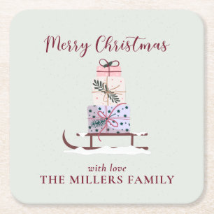 Christmas sleigh full of gifts, ligth green square paper coaster