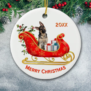 Christmas Sleigh German Shepherd Dog Ceramic Tree Decoration