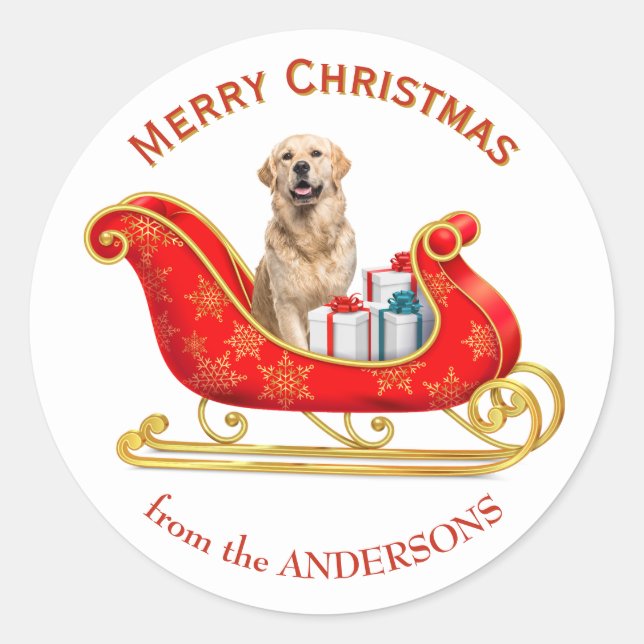 Christmas Sleigh Golden Retriever Dog Classic Round Sticker (Front)