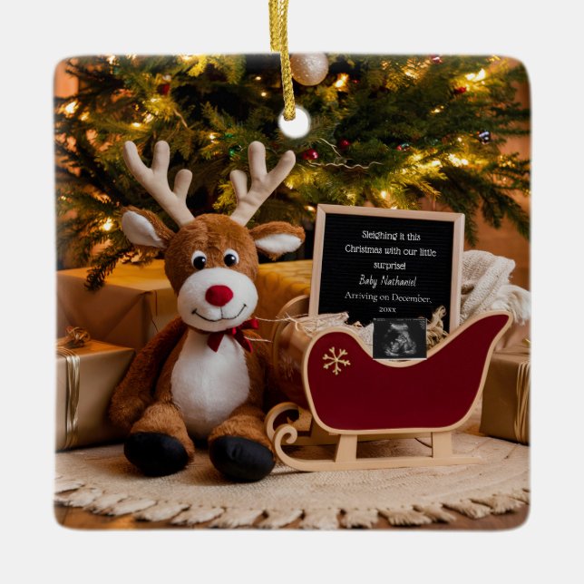 Christmas Sleigh Pregnancy Announcement Ceramic Ornament (Front)