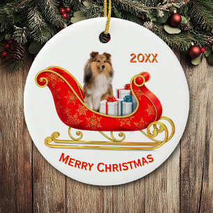 Christmas Sleigh Shetland Sheepdog Ceramic Tree Decoration