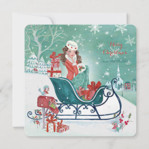 Christmas Sleigh Shopping Girl - Greetings Holiday Card