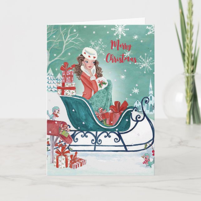 Christmas Sleigh Shopping Girly greeting Holiday Card (Front)
